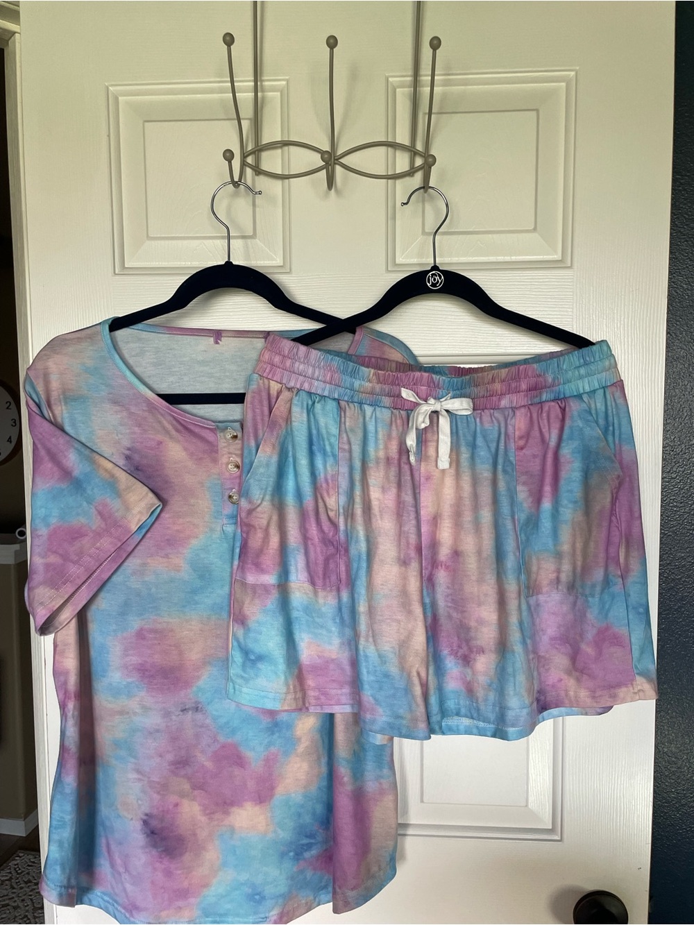 Women's Tie-Dye Short Sleeve Pajama Set - Pastel Blue & Pink
